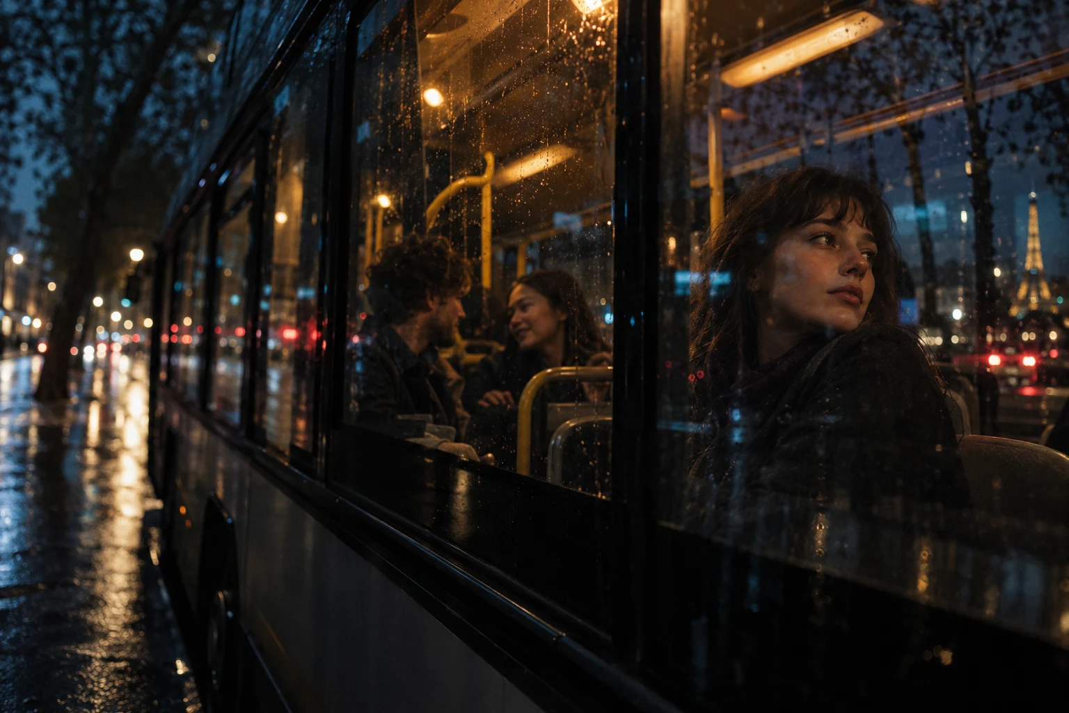 Des amis dans un bus de nuit, derrière une vitre perlée de pluie